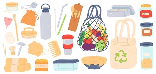 Zero waste. Reusable, plastic free and eco friendly products bags, bamboo straw, containers and wooden cutlery. Reduce garbage vector set. Eco reusable and recycle waste illustration