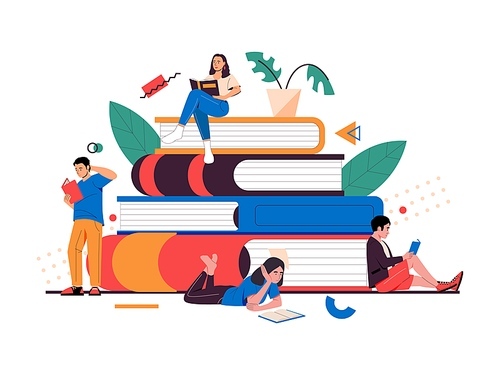 Students with books. Cartoon young people read books and study, self education concept. Male and female reader characters sitting on stack of giant textbooks, preparing for examination