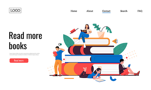 Persons with books landing. Web site template with cartoon young characters reading books. Vector self education web page. Literature lovers studying in library, getting knowledge or information
