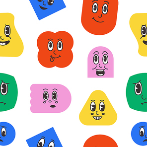 Pattern with abstract comic figures. Seamless print with cartoon shapes. Vector texture with smiley faces. Colorful characters with surprised, happy and sad emotions of different forms