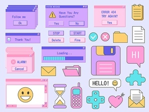 Retro computer sticker. Old PC interface with system message, geek technology retrowave icons. Vector trendy digital isolated set. Illustration of old system 90s pink interface