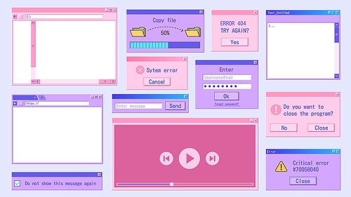 Retro computer window. Retrowave internet browser, frame folder, pop-up message 90s design. Vector old software UI set. Illustration of 90s or 80s interface browser screen