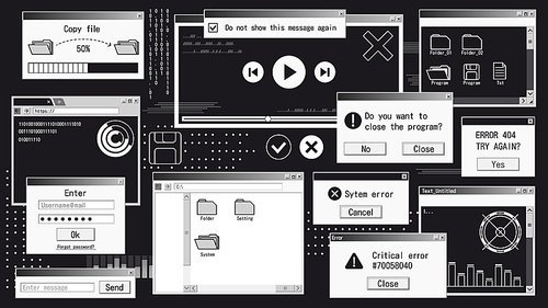 Retro futuristic system. Computer interface with web browser, file manager, pop-up error message. Vector old desktop PC interface elements. Illustration of interface old computer message