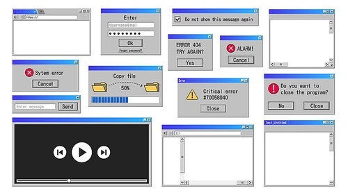 Old interface windows. Retro error message, internet browser and file manager classic software design. Vector old system elements. Illustration of interface error computer, message window