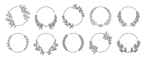 Round decorative floral frames. Line sketch of laurel branches and circle borders for tattoo and greeting card framing. Vector wedding invitation decoration set. Template with foliage