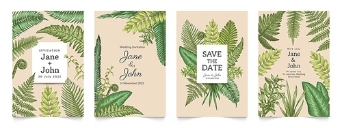 Floral wedding invitation. Greeting cards mockup with rural herbal decorative elements, leaves borders and geometric frames. Vector save the date poster illustration. Botanic vegetation template