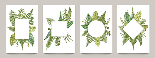 Vintage posters with botanical borders. Empty banners mockup with rural hand drawn herbs and leaves, blank wedding invitations and greeting cards. Vector set with round, square and rectangular frames