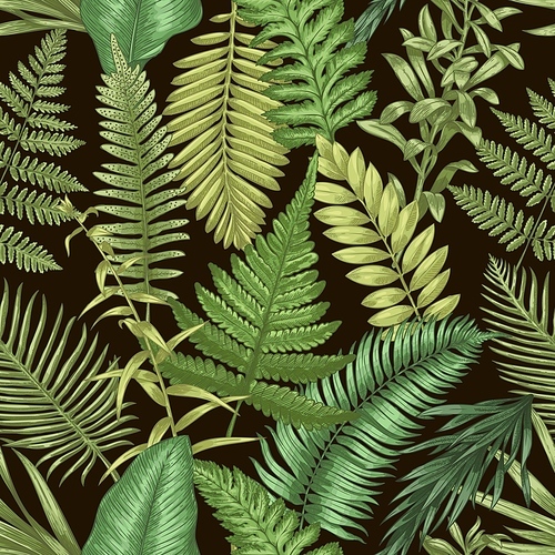 Fern pattern. Seamless print of wild forest plants, hand drawn herbal decorative elements. Vector botanical texture and rural wallpaper. Various natural green foliage for textile design