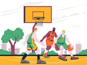 Basketball match illustration. Cartoon players playing ball on outdoor court with basket, sport activities concept with cityscape scenery. Vector background. Men in team uniform exercising
