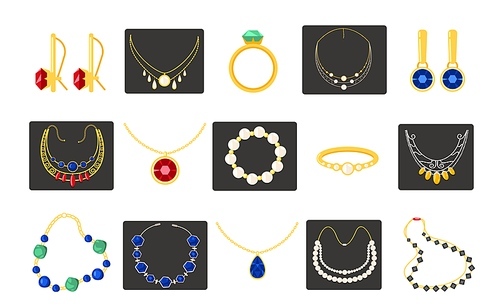 Jewellery accessories. Woman fashion gold silver necklace bracelet ring with luxury gemstone, expensive glamour decoration cartoon style. Vector set. Beautiful female shiny jewelry with gems