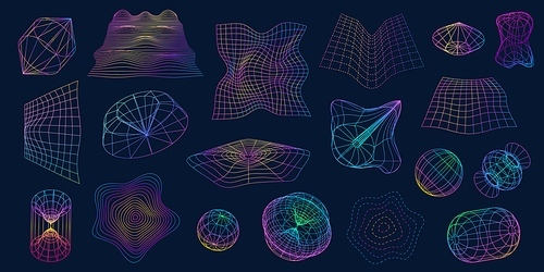 Retrofuturistic wireframe shapes, 3d sphere and distorted perspective grids. Line mesh geometric objects. Cyber futuristic shape vector set. Structure motion, surface flow or deformation