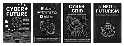 Neo futuristic abstract posters with grids and wireframe 3d objects. Cyberpunk future geometric designs. 90s retro surreal covers vector set. Distorted structures, net tech elements