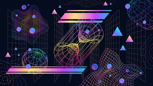 Neo futuristic abstract background with 3d grids and shapes. Neon wireframe graphic retro cyber design. 90s game technology vector banner. Bright colorful geometric figures, wavy shapes