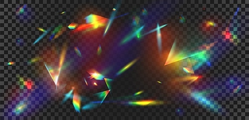 Abstract prism light reflection with rainbow flare background. Crystal sparkle burst, diamond refraction rays. Iridescent glow vector effect. Colorful rays with blur and bright sparkles