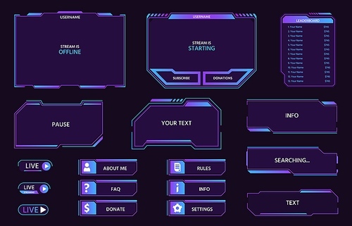Digital futuristic ui panels and buttons, game live stream. Neon HUD frames, leaderboard, menu and bars for video streaming show vector set. High tech interface or display isolated elements