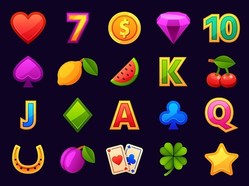 Cartoon casino game and gambling slot machine icons. Jackpot interface elements, diamond, card, 7, heart and coin. Casino winning vector set. Illustration of casino slot game icons
