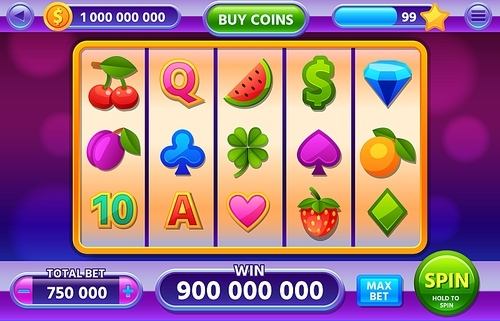 Casino slot machine gameplay interface for mobile app. Jackpot ui with fruits, diamond and clover cartoon icons. Vegas game vector screen. Illustration of casino button for slot machine