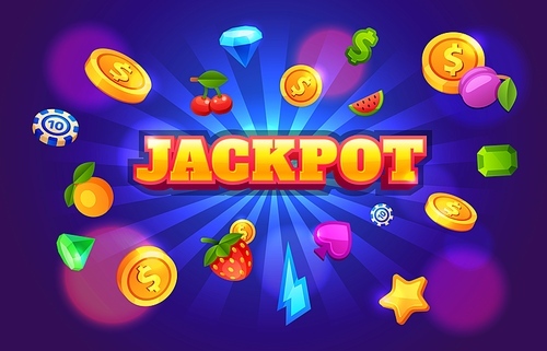 Gambling slot machine winning background with casino symbols. 777 game jackpot screen with flying coins. Cartoon money prize vector concept. Banner game win jackpot illustration