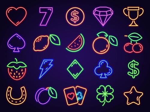 Vegas casino neon slot icons for signs and decor. Glowing gambling game symbols 7, cards, fruits, coin, cherry and lucky clover vector set. Illustration of jackpot and casino lucky