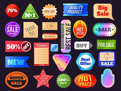 Retro price hologram sticker and sale labels in 90s style. Vintage discount tags. Trendy geometric shop and store offer stickers vector set. Illustration of retro sticker label, price sale tag