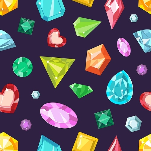 Cartoon jewel gem stones, quartz and diamonds seamless pattern. Print with fashion gemstones shapes. Jewelry sparkle crystals vector texture. Illustration of seamless jewel gem background