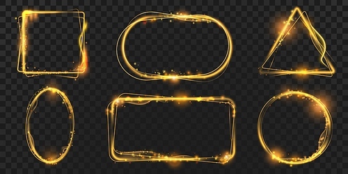 Circle and square frames with golden magic light effects and sparks. Shining rectangle frame with glitter flare. Glowing banners vector set. Festive twinkling boarders isolated on transparent