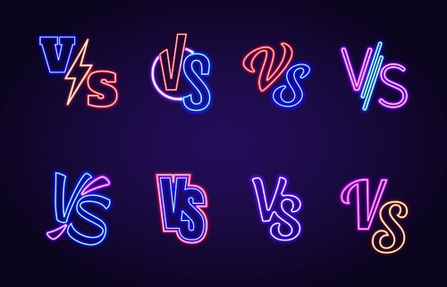 Versus logo glowing neon signs, vs game battle contest. Competition advertising symbol. Blue and red team fight or sport match vector set. Challenge in championship, isolated duel icons