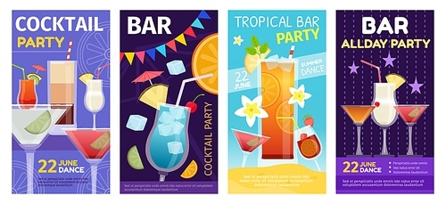 Cocktail summer party and tropical bar posters with drinks glasses. Alcoholic cocktails drinking event in night club invitation vector set. Refreshment on holiday, seasonal fest flyers