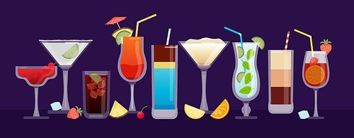 Alcohol cocktails banner with drinks in glasses, fruit and ice cubes. Bar or club tropical cocktail party. Summer beverage vector background. Summer festival with sangria, mai tai, mojito