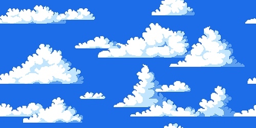 Pixel clouds pattern. Seamless print with 8 bit video game clouds concept art. Vector blue sky environment background texture. Illustration of seamless cloud pattern for videogame