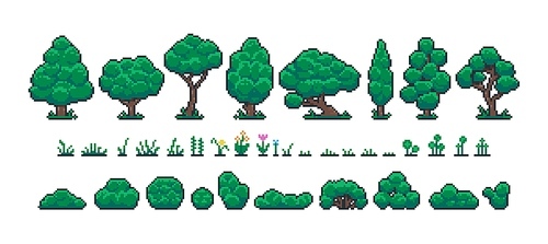 Pixel forest set. Retro 8 bit video game UI elements, trees bushes and grass sprite asset, background landscape objects. Vector isolated collection. Illustration of game trunk wood, pixel 8-bit