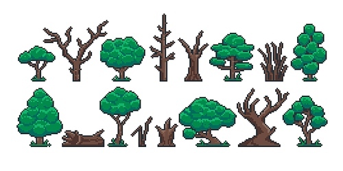 Pixel tree trunk. Retro 8 bit video game sprite asset, green trees old dry stump trunk and log game interface objects. Vector isolated set. Illustration of trunk tree game