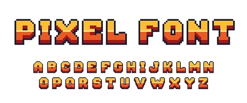 Pixel game font. Arcade 8 bit alphabet symbols, retro console text elements, 80s type letters. Vector computer and video game comic letter set. Illustration of game alphabet pixel