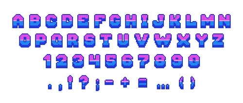 Retro pixel font. 8 bit arcade game letters numbers and punctuation marks, vintage video and computer game comic alphabet. Vector isolated set of computer typeface pixel alphabet illustration