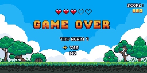 Game over background. Retro pixel 8 bit video game screen with score information, arcade landscape. Vector old classic game screen concept. Illustration of game over banner arcade