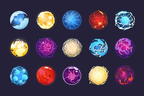 Cartoon energy spheres. Magic fantasy orb asset for 2D game, witchcraft prophesy globe and crystal sphere with shiny sparks sprite collection. Vector set. Shining spiritual colorful balls