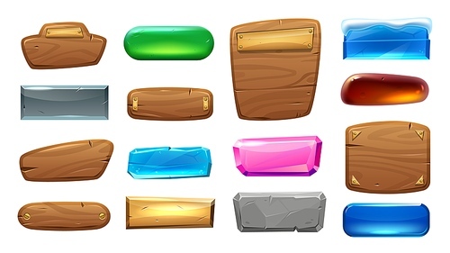 Cartoon game button. Wooden frozen glass and metal interface menu frame elements and banners. Vector app UI rectangular panel isolated collection. Colorful gems templates of different shape