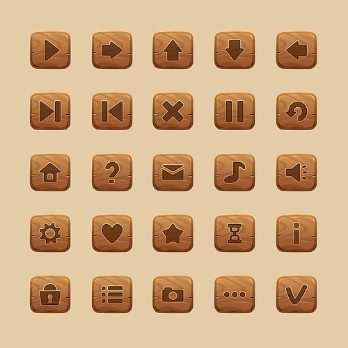 Wooden game UI buttons. Cartoon home screen interface and menu icons, comic GUI start play pause restart buttons asset. Vector isolated set. Square panels with arrows, setting, music elements