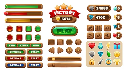 Cartoon game UI. Wooden interface buttons icons panels progress-bars check-box asset, GUI menu and level construction kit. Vector isolated set. Elements as heart, coin, shield and trophy
