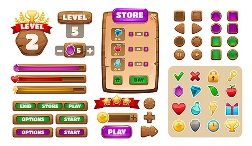 Game UI asset. Cartoon wooden menu interface elements, buttons icons panels progress-bars check-box and level indicator collection. Vector set. Store frame with diamond, apple, elixir