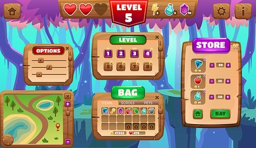 Cartoon game menu screen. Puzzle game background with interface elements, buttons icons menu panel scores and progress bar. Vector casual asset. Map frame, bag with different items