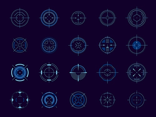 Futuristic aim pointer. Circle HUD user interface element, weapon collimator round aim, digital focus UI game asset. Vector accuracy symbols isolated set of screen game aim interface
