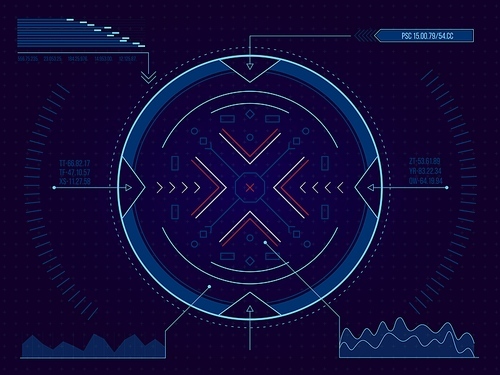 HUD target. Futuristic game interface framing for target focus, lock and aiming, sci-fi shooter game asset for collimator aim. Vector technology UI illustration. Tech frame game interface