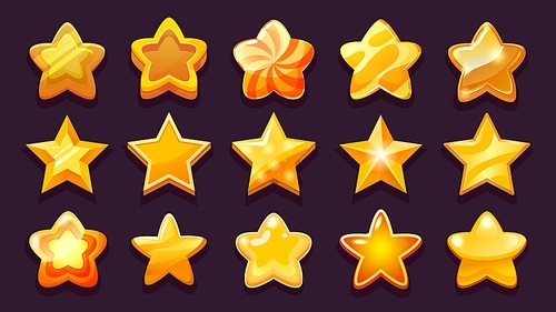 Game UI star. Golden bronze copper gaming win stars of various forms, 2D game asset of shining glossy achievement sign collection. Vector cute interface elements set of star achievement illustration