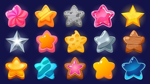 Cartoon game star. Level up and win bonus UI icon for mobile game and web application, colorful various stars of different shapes and colors. Vector award graphic set of bonus ui win icon illustration