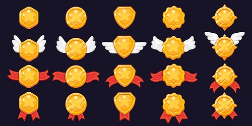 Game star level. Cartoon 2D game asset of victory award and win medals with colorful shiny stars, rank rating and level up interface. Vector isolated set of level star bonus casino illustration