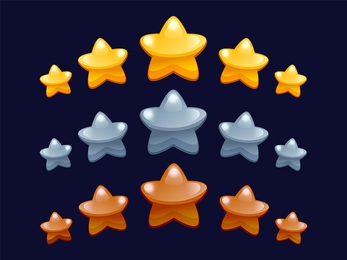 Game star rating. Cartoon level bonus and win award with row of stars graphic template for mobile 2D game interface element. Vector set of award win stars illustration
