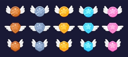 Game achievement badge. Cartoon level up and challenge win rank award from lowest to highest, bronze silver and gold coin game UI asset. Vector set of achievement badge ui rank illustration