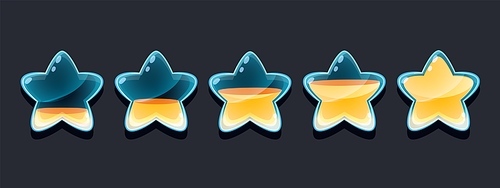 Star rating animation. Cartoon full and empty life indicator asset for 2D game, progress status star sprite for web and mobile app interface. Vector illustration of rating star achievement