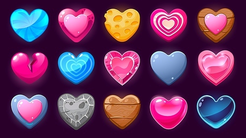 Cartoon hearts asset. Life level 2D game user interface icons, glossy candy heart buttons and sprite elements for mobile game. Vector heart design set of heart ui game interface illustration
